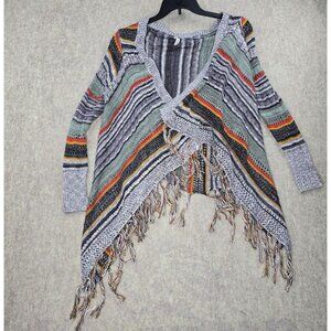 POOF Boho Fringe Knit Cardigan Sweater Multicolor Open-Front Striped Lightweight